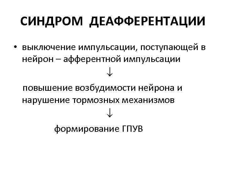 СИНДРОМ ДЕАФФЕРЕНТАЦИИ • выключение импульсации, поступающей в нейрон – афферентной импульсации повышение возбудимости нейрона