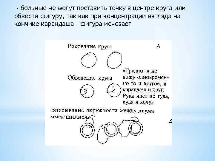 - больные не могут поставить точку в центре круга или обвести фигуру, так как