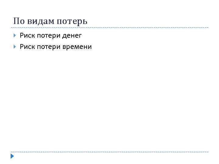 По видам потерь Риск потери денег Риск потери времени 