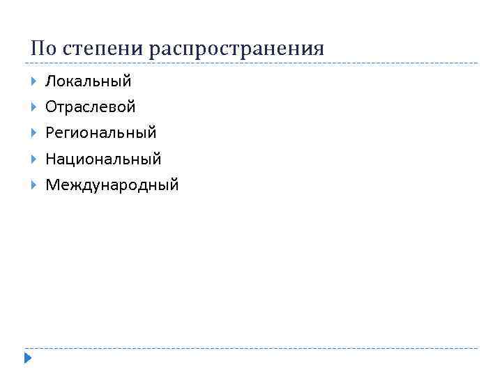 По степени распространения Локальный Отраслевой Региональный Национальный Международный 