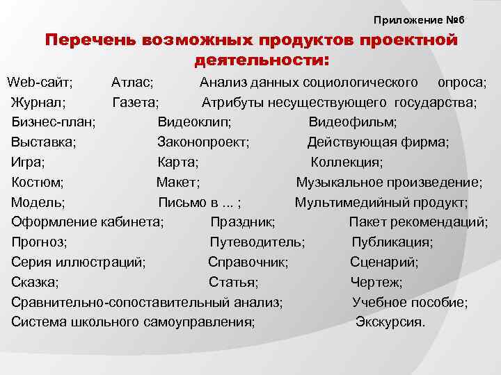 Приложение № 6 Перечень возможных продуктов проектной деятельности: Web-сайт; Атлас; Анализ данных социологического опроса;