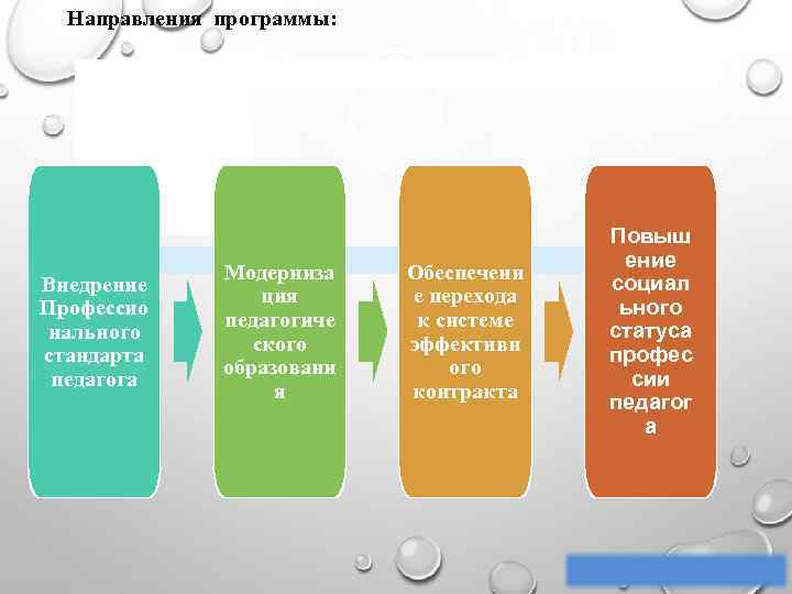 Направления программы: Внедрение Профессио нального стандарта педагога Модерниза ция педагогиче ского образовани я Обеспечени