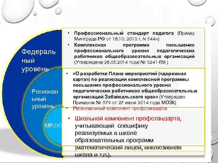  • • Федераль ный уровень Регионал ьный уровень • • Профессиональный стандарт педагога