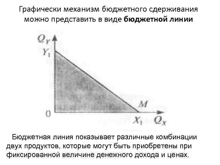 Графически механизм бюджетного сдерживания можно представить в виде бюджетной линии Бюджетная линия показывает различные