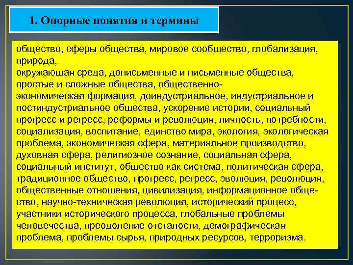 1. Опорные понятия и термины общество, сферы общества, мировое сообщество, глобализация, природа, окружающая среда,