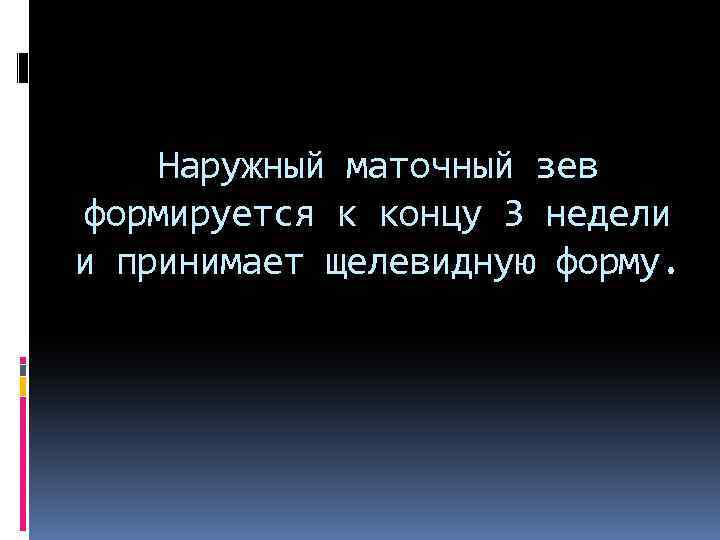 Наружный маточный зев формируется к концу 3 недели и принимает щелевидную форму. 