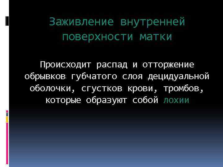 Заживление внутренней поверхности матки Происходит распад и отторжение обрывков губчатого слоя децидуальной оболочки, сгустков