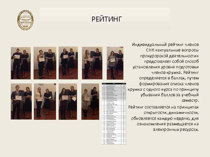 РЕЙТИНГ Индивидуальный рейтинг членов СНК «актуальные вопросы прокурорской деятельности» представляет собой способ установления уровня