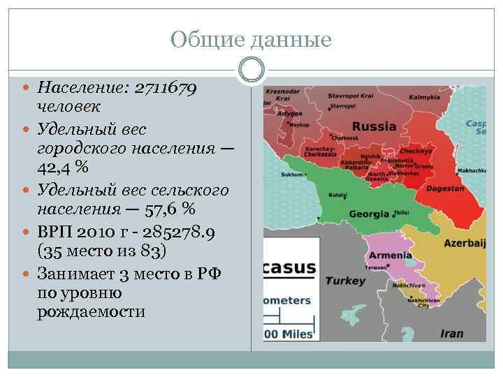 Общие данные Население: 2711679 человек Удельный вес городского населения — 42, 4 % Удельный