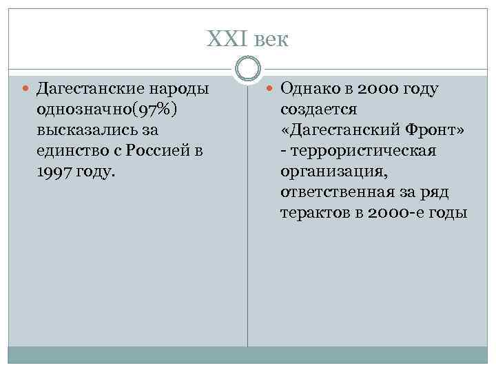 XXI век Дагестанские народы однозначно(97%) высказались за единство с Россией в 1997 году. Однако