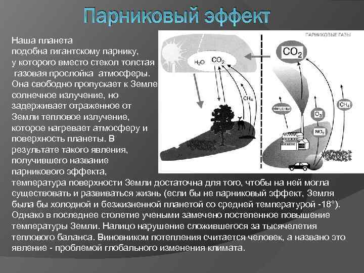 Парниковый эффект Наша планета подобна гигантскому парнику, у которого вместо стекол толстая газовая прослойка