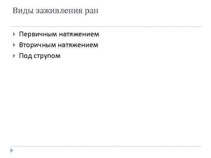 Виды заживления ран Первичным натяжением Вторичным натяжением Под струпом 