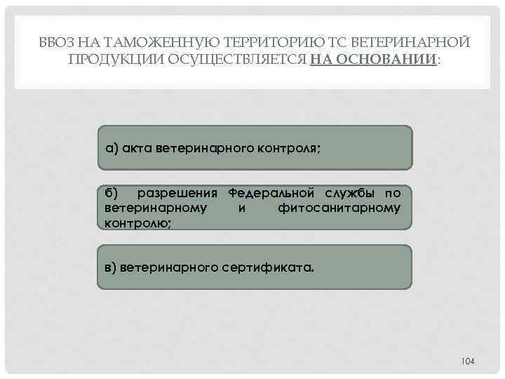 ВВОЗ НА ТАМОЖЕННУЮ ТЕРРИТОРИЮ ТС ВЕТЕРИНАРНОЙ ПРОДУКЦИИ ОСУЩЕСТВЛЯЕТСЯ НА ОСНОВАНИИ: а) акта ветеринарного контроля;