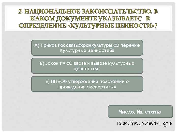 А) Приказ Россвязьохранкультуры «О перечне Культурных ценностей» Б) Закон РФ «О ввозе и вывозе