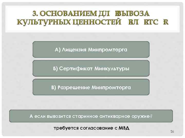 А) Лицензия Минпромторга Б) Сертификат Минкультуры В) Разрешение Минпромторга А если вывозится старинное антикварное