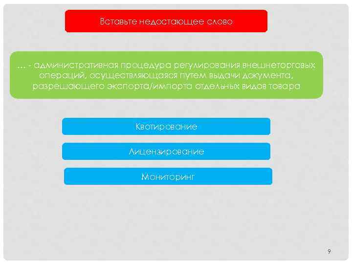 Вставьте недостающее слово … - административная процедура регулирования внешнеторговых операций, осуществляющаяся путем выдачи документа,