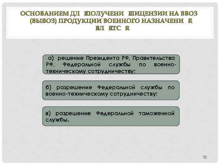 а) решение Президента РФ, Правительства РФ, Федеральной службы по военнотехническому сотрудничеству; б) разрешение Федеральной