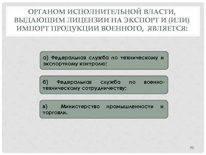 ОРГАНОМ ИСПОЛНИТЕЛЬНОЙ ВЛАСТИ, ВЫДАЮЩИМ ЛИЦЕНЗИИ НА ЭКСПОРТ И (ИЛИ) ИМПОРТ ПРОДУКЦИИ ВОЕННОГО, ЯВЛЯЕТСЯ: а)