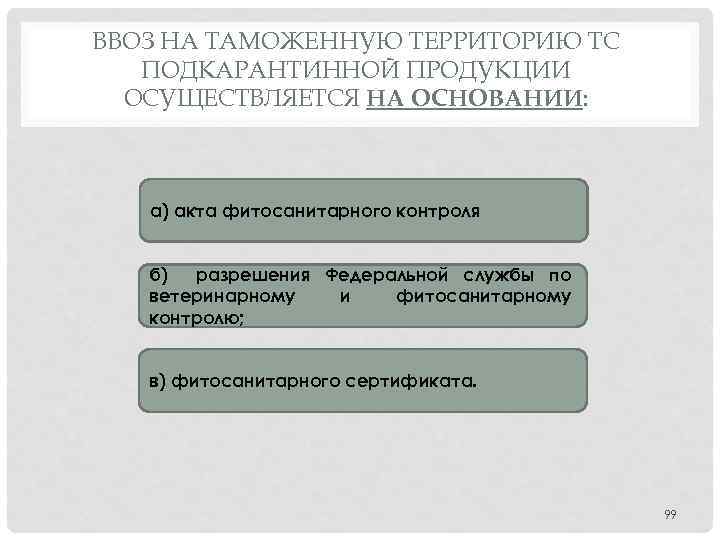 ВВОЗ НА ТАМОЖЕННУЮ ТЕРРИТОРИЮ ТС ПОДКАРАНТИННОЙ ПРОДУКЦИИ ОСУЩЕСТВЛЯЕТСЯ НА ОСНОВАНИИ: а) акта фитосанитарного контроля