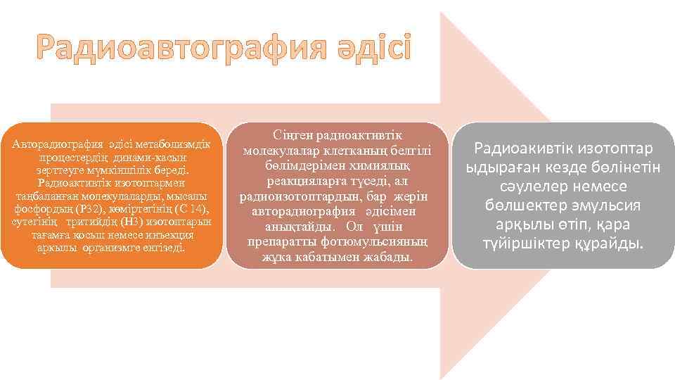 Радиоавтография әдісі Авторадиография әдісі метаболизмдік процестердің динами-касын зерттеуге мүмкіншілік береді. Радиоактивтік изотоптармен таңбаланған молекулаларды,