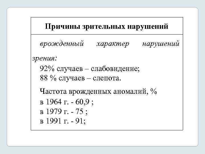 Причины зрительных нарушений врожденный характер нарушений зрения: 92% случаев – слабовидение; 88 % случаев