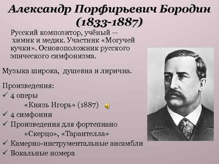 Александр Порфирьевич Бородин (1833 -1887) Русский композитор, учёный — химик и медик. Участник «Могучей