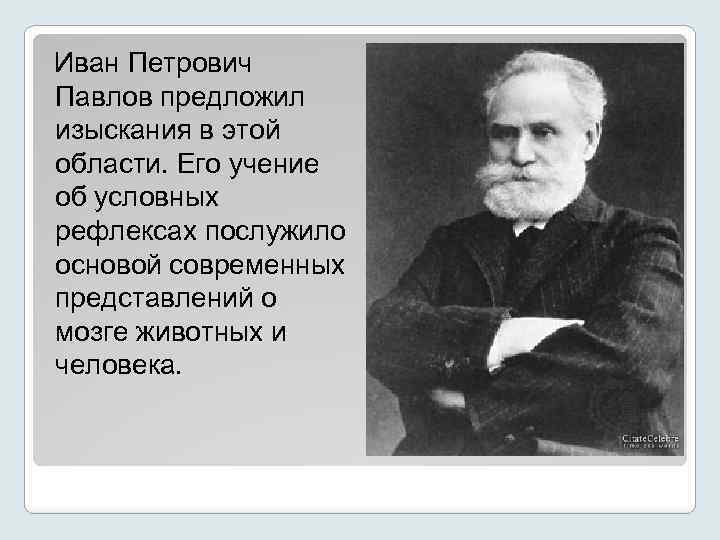 Иван Петрович Павлов предложил изыскания в этой области. Его учение об условных рефлексах послужило