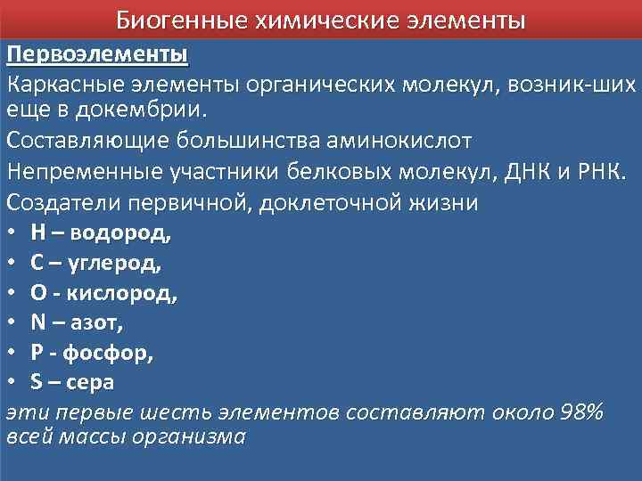 Биогенные химические элементы Первоэлементы Каркасные элементы органических молекул, возник ших еще в докембрии. Составляющие