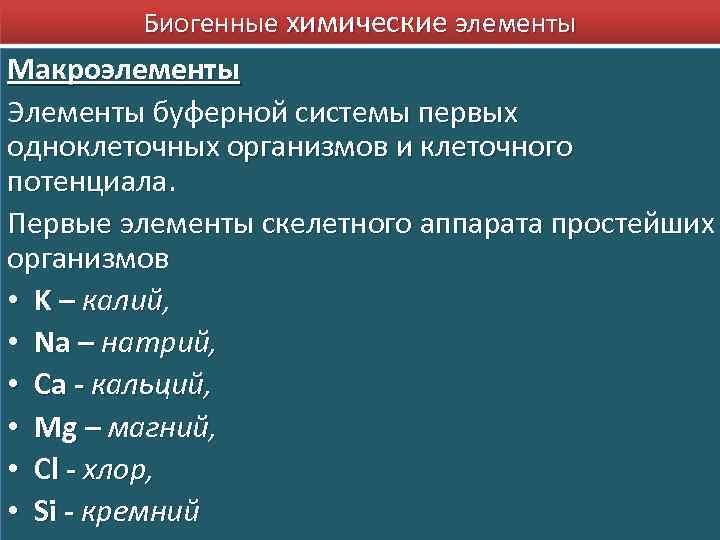 Биогенные химические элементы Макроэлементы Элементы буферной системы первых одноклеточных организмов и клеточного потенциала. Первые
