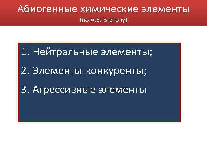 Абиогенные химические элементы (по А. В. Бгатову) 1. Нейтральные элементы; 2. Элементы конкуренты; 3.