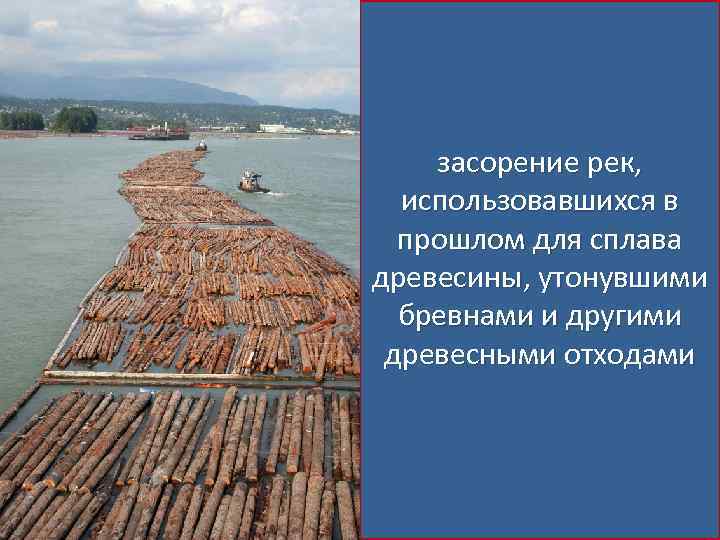 засорение рек, использовавшихся в прошлом для сплава древесины, утонувшими бревнами и другими древесными отходами