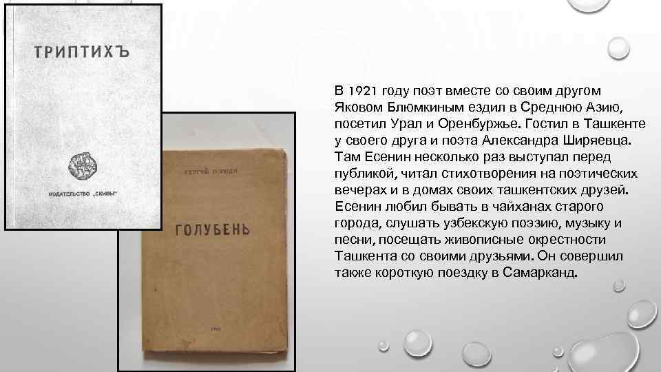 В 1921 году поэт вместе со своим другом Яковом Блюмкиным ездил в Среднюю Азию,