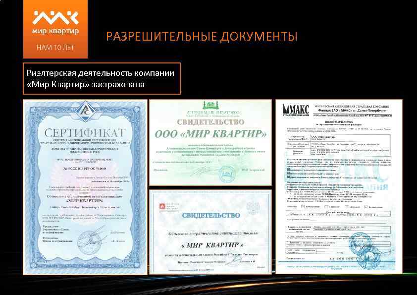 РАЗРЕШИТЕЛЬНЫЕ ДОКУМЕНТЫ Риэлтерская деятельность компании «Мир Квартир» застрахована 
