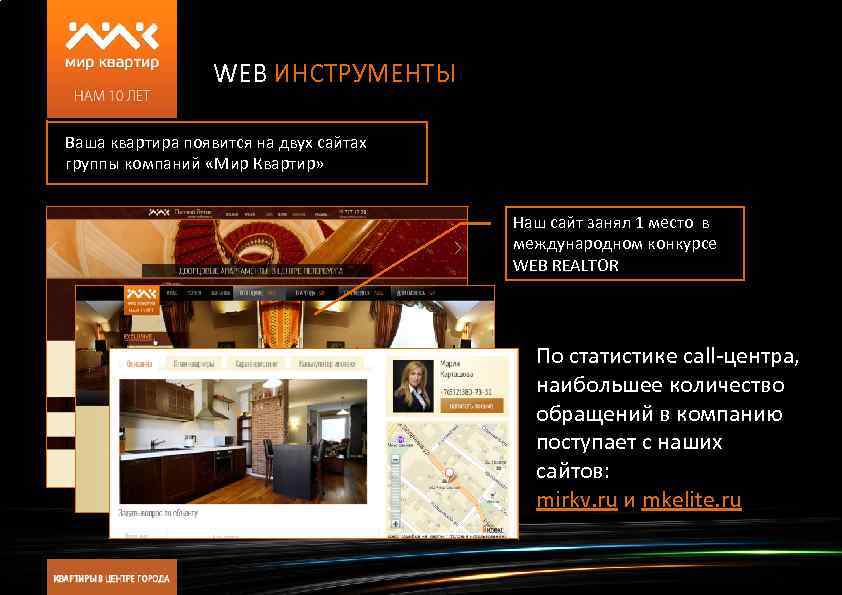WEB ИНСТРУМЕНТЫ Ваша квартира появится на двух сайтах группы компаний «Мир Квартир» Наш сайт