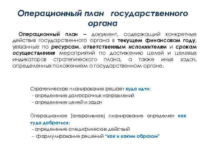 Операционный план государственного органа Операционный план – документ, содержащий конкретные действия государственного органа в