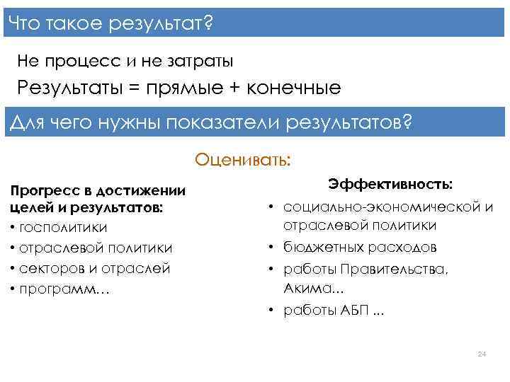 Что такое результат? Не процесс и не затраты Результаты = прямые + конечные Для