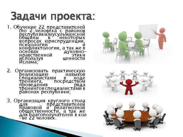 Задачи проекта: 1. Обучение 22 представителей (по 2 человека с районов республики)мусульманской общины в