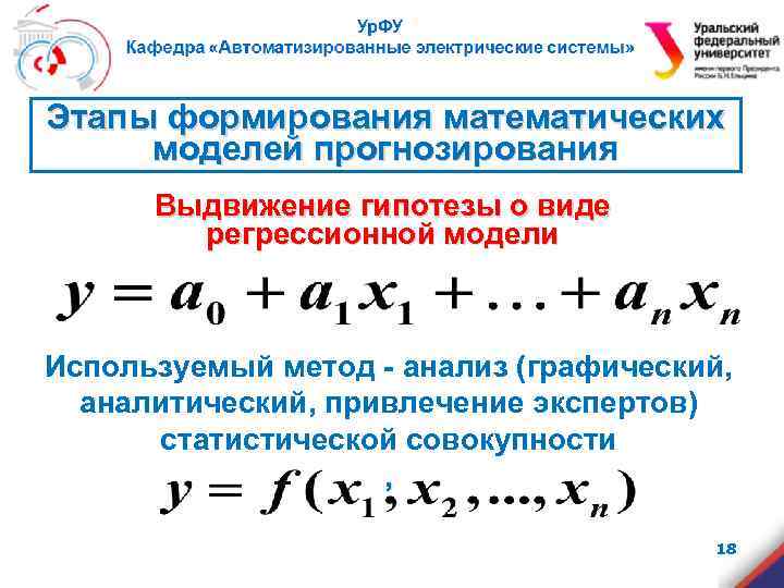 Этапы формирования математических моделей прогнозирования Выдвижение гипотезы о виде регрессионной модели Используемый метод -