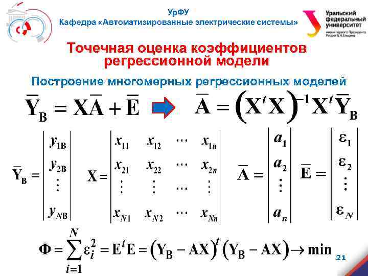 Точечная оценка коэффициентов регрессионной модели Построение многомерных регрессионных моделей 21 