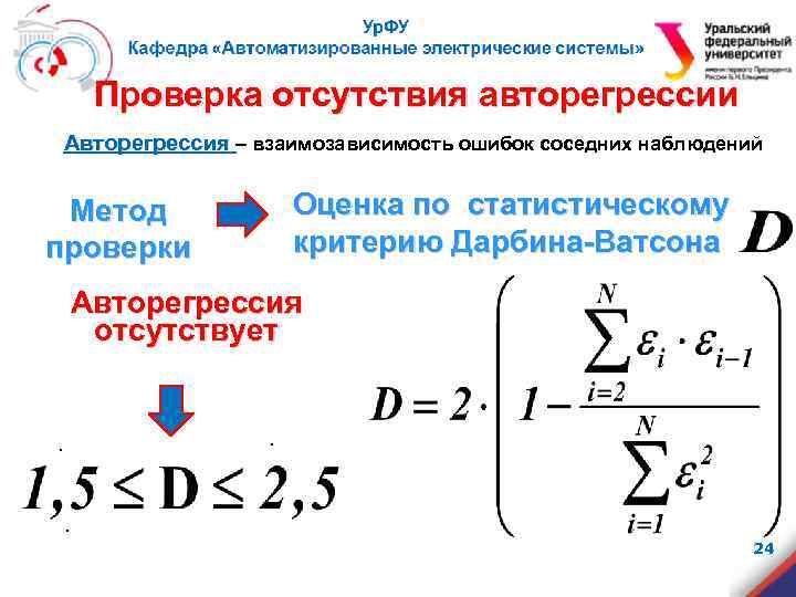 Проверка отсутствия авторегрессии Авторегрессия – взаимозависимость ошибок соседних наблюдений Оценка по статистическому Метод критерию