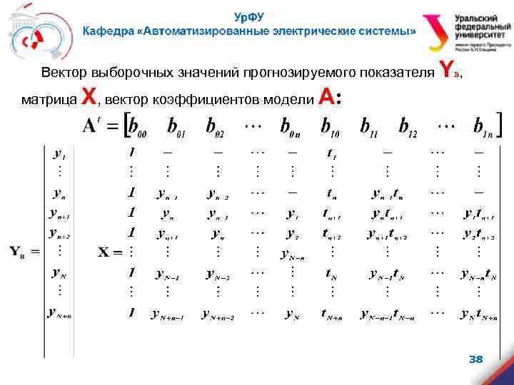 Вектор выборочных значений прогнозируемого показателя матрица Yв, Х, вектор коэффициентов модели А: 38 