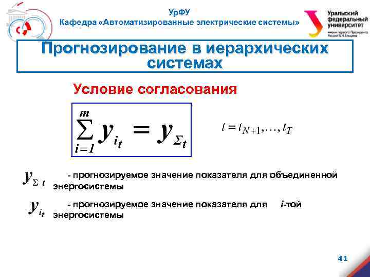 Прогнозирование в иерархических системах Условие согласования - прогнозируемое значение показателя для объединенной энергосистемы -