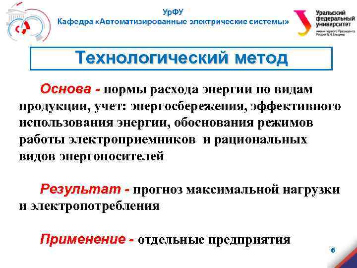 Технологический метод Основа - нормы расхода энергии по видам продукции, учет: энергосбережения, эффективного использования