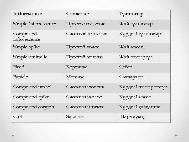 Inflorescence Соцветие Гүлшоғыр Simple inflorescence Простое соцветие Жай гүлшоғыр Compound inflorescence Сложное соцветие Күрделі