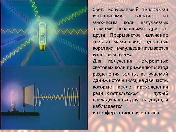 Свет, испускаемый тепловыми источниками, состоит из множества волн излучаемых атомами независимо друг от друга.
