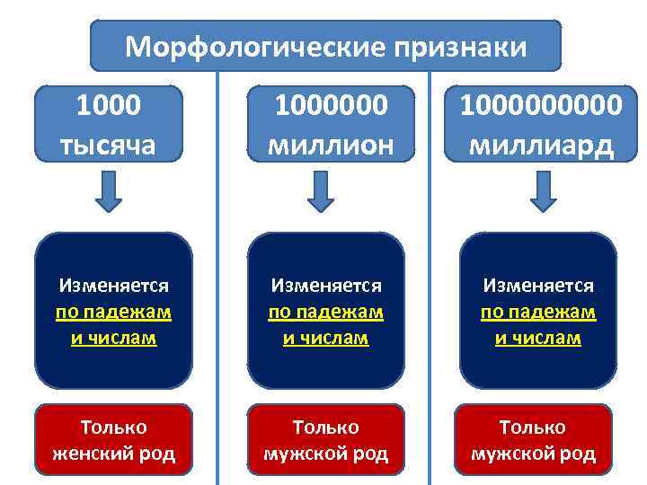 Морфологические признаки 1000 тысяча 1000000 миллион 100000 миллиард Изменяется по падежам и числам Только