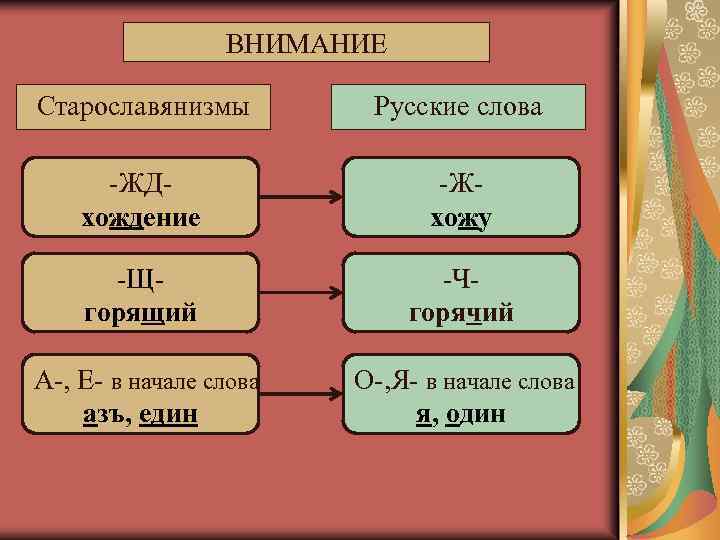 ВНИМАНИЕ Старославянизмы Русские слова -ЖДхождение -Жхожу -Щгорящий -Чгорячий А-, Е- в начале слова азъ,