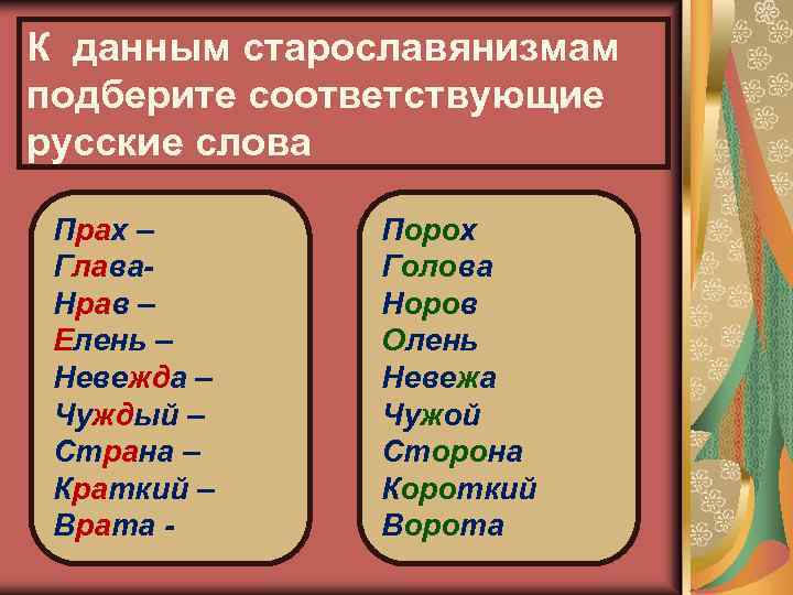 Подберите слова в современном русском языке. Старославянские слова примеры. Старославянизмы примеры. Слова старославянизмы. Приметы старославянизмов.