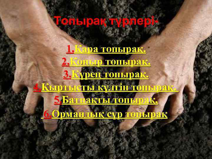 Топырақ түрлері 1. Қара топырақ. 2. Қоңыр топырақ. 3. Күрең топырақ. 4. Қыртысты күлгін