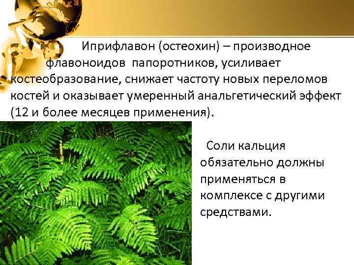 Иприфлавон (остеохин) – производное флавоноидов папоротников, усиливает костеобразование, снижает частоту новых переломов костей и